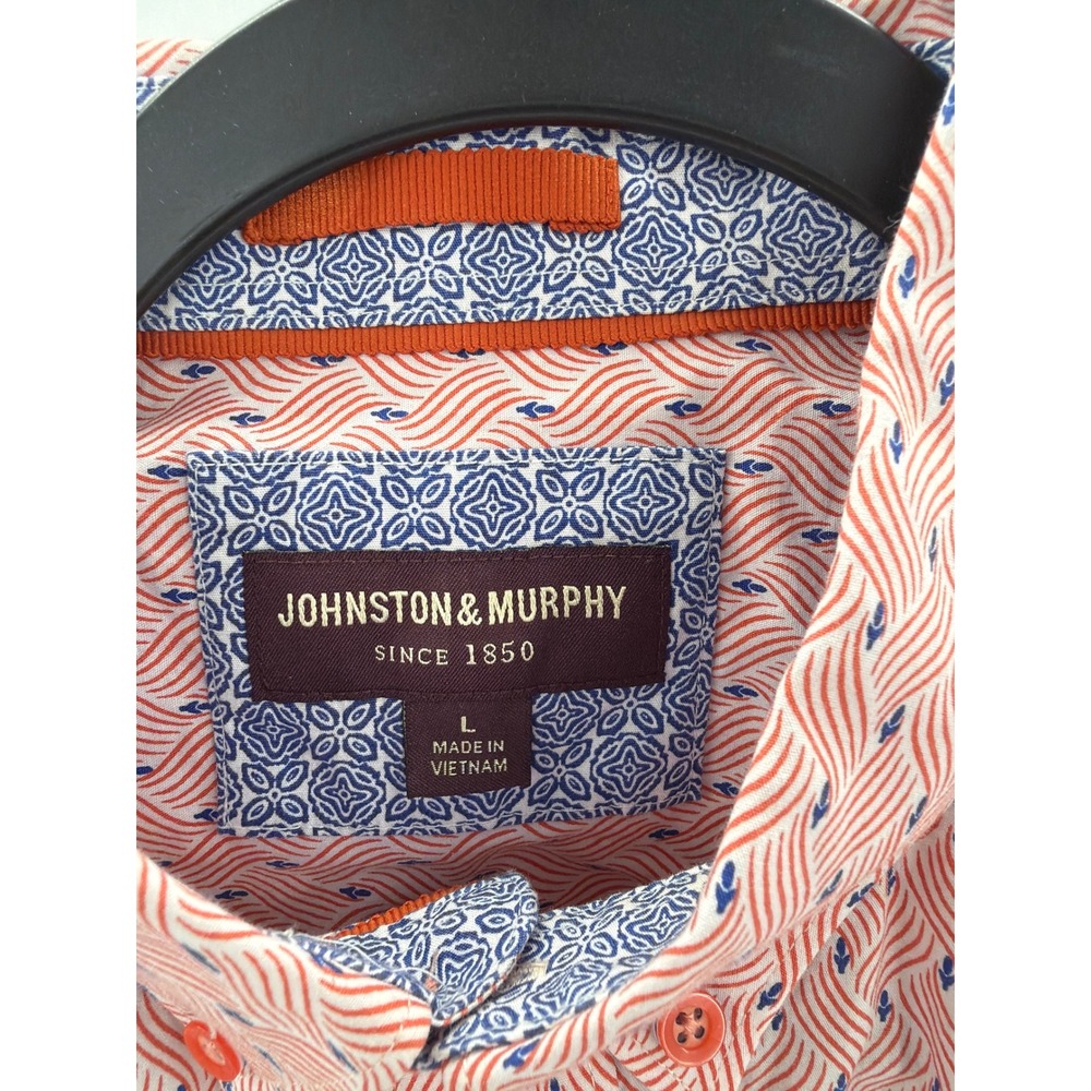 Johnston & Murphy Mens Large Red Blue Geometric Short Sleeve Button Down Shirt - Picture 2 of 7
